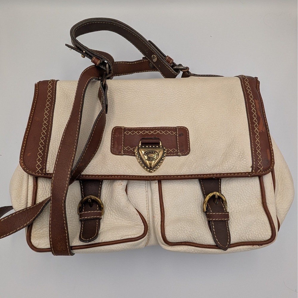 Francesco Biasia Vintage Leather Satchel Bag Cream Brown Italian Messenger TLC